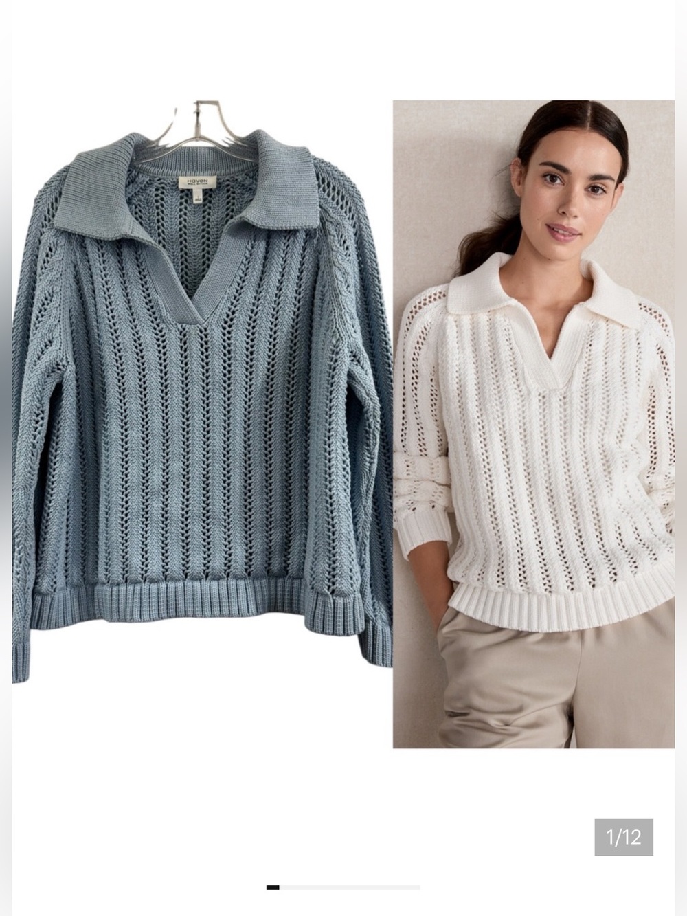 Haven Well Within Open Stitch Johnny Collar Cotton Blue Sweater Size Large - Picture 1 of 12